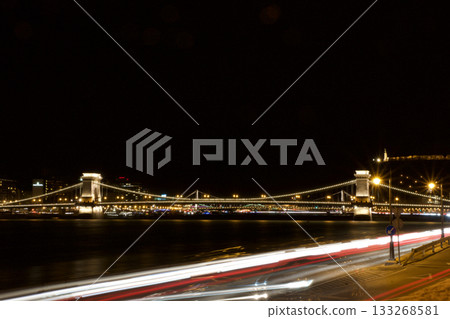 Budapest, Hungary, March 4, 2019: Chain Bridge Illuminated at Night 133268581