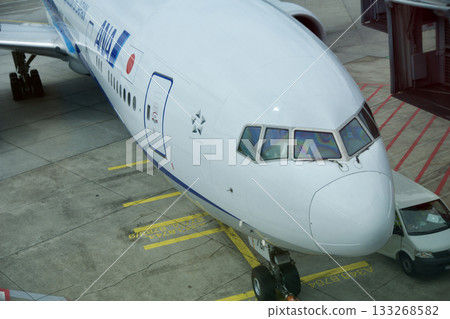 Frankfurt, Germany, June 10, 2019: Long Haul Aircraft at the Gate Viewed from the Airport Lounge 133268582