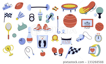 Sport equipment graphic elements set. Collection of ball, barbell, dumbbell, trampoline, skateboard, tennis racket, flag, sneakers, basketball hoop, kettlebell, stopwatch, more. Vector illustration. 133268588