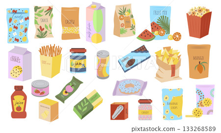 Snack products graphic elements set. Collection of candy packets , cashew nuts, milkshake, different chips mix, popcorn, cookies, salt sticks, jam, soda, chocolate, donut, more. Vector illustration. 133268589