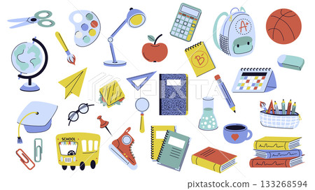 School supplies graphic elements set. Collection of scissors, globe, paints with brush, lamp, apple, calculator, schoolbag, ball, paper airplane, sandwich, textbook, pen, more. Vector illustration. School supplies graphic elements set. Collection of scissors, globe, paints with brush, lamp, apple, calculator, schoolbag, ball, paper airplane, sandwich, textbook, pen, more. Vector illustration. 133268594