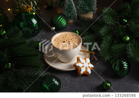 Green Christmas Mug with Hot Chocolate and Marshmallows into Pine Decor Green Christmas Mug with Hot Chocolate and Marshmallows into Pine Decor 133268598