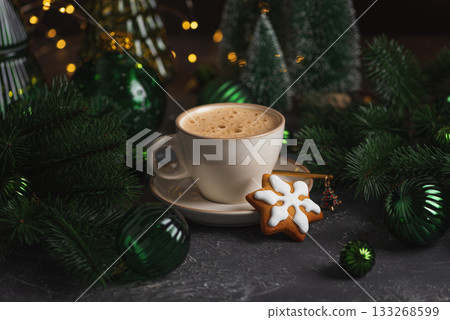 Green Christmas Mug with Hot Chocolate and Marshmallows into Pine Decor 133268599