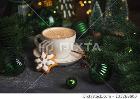 Green Christmas Mug with Hot Chocolate and Marshmallows into Pine Decor 133268600