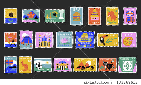 Post stamps graphic elements set. Collection of Ukraine, Canada, Greece, USA, China, India, France, Japan, UAE, Thailand, Mexico, Brazil, Italy, Norway, Australia, more countries. Vector illustration. Post stamps graphic elements set. Collection of Ukraine, Canada, Greece, USA, China, India, France, Japan, UAE, Thailand, Mexico, Brazil, Italy, Norway, Australia, more countries. Vector illustration. 133268612