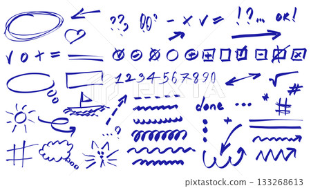 Note doodles graphic elements set. Collection of blue hand drawn scribbles with arrows, frames, heart question, mark, highlights, lines, circles, swirls, ticks, done, cat, more. Vector illustration. 133268613