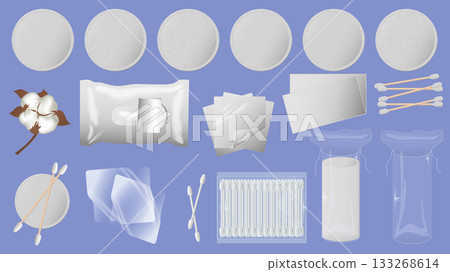 Hygiene makeup cosmetics graphic elements set. Collection of white pad, cotton flower, wet wipe pack, swab on transparent bags, more cosmetology cleansing products for skin. Vector illustration. Hygiene makeup cosmetics graphic elements set. Collection of white pad, cotton flower, wet wipe pack, swab on transparent bags, more cosmetology cleansing products for skin. Vector illustration. 133268614