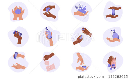 Hands holding various hygiene graphic elements set. Collection of palms with washing soap, foam bubbles, bottles with gel or shampoo, using serum with pipette, cream apply, more. Vector illustration. Hands holding various hygiene graphic elements set. Collection of palms with washing soap, foam bubbles, bottles with gel or shampoo, using serum with pipette, cream apply, more. Vector illustration. 133268615