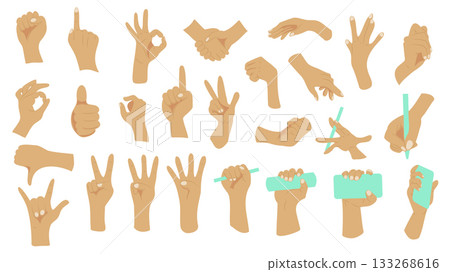 Hand gestures graphic elements set. Collection of fist, pointing finger, ok, handshake, palm, holding pencil or phone, write, dislike, rock sign, different gestures expression. Vector illustration. Hand gestures graphic elements set. Collection of fist, pointing finger, ok, handshake, palm, holding pencil or phone, write, dislike, rock sign, different gestures expression. Vector illustration. 133268616