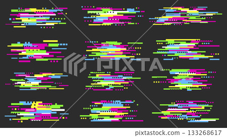 Glitches video textures graphic elements set. Collection of abstract bright colours screen artifacts and noise, digital distorted pattern of bad broken signal, error code effect. Vector illustration. Glitches video textures graphic elements set. Collection of abstract bright colours screen artifacts and noise, digital distorted pattern of bad broken signal, error code effect. Vector illustration. 133268617
