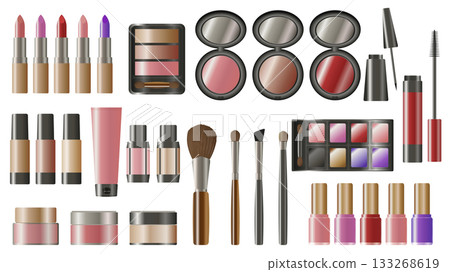 Cosmetics makeup with different color swatches graphic elements set. Collection of lipsticks, blush, eyeshadow palette, mascara, brushes, nail polishes, skin foundations, more. Vector illustration. 133268619