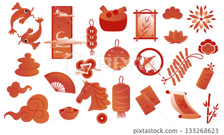 Chinese New Year graphic elements set. Collection of 2026 horse zodiac symbol, red koi carps, coin, cherry flower, fan, clouds, bamboo, hanging lanterns, oriental ornaments, more. Vector illustration. 133268623