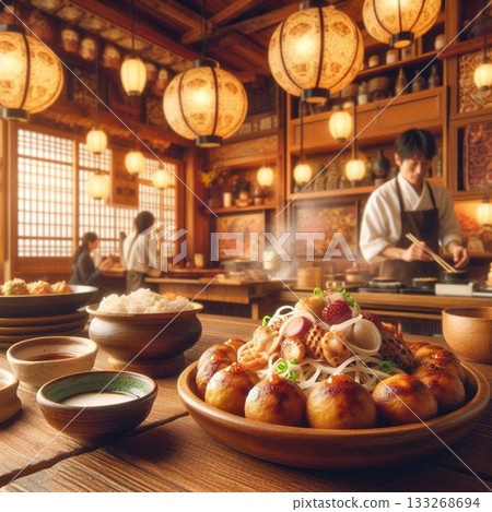 Photogenic food! Inside a takoyaki restaurant. Eating simple food at an izakaya. Photogenic food! Inside a takoyaki restaurant. Eating simple food at an izakaya. 133268694