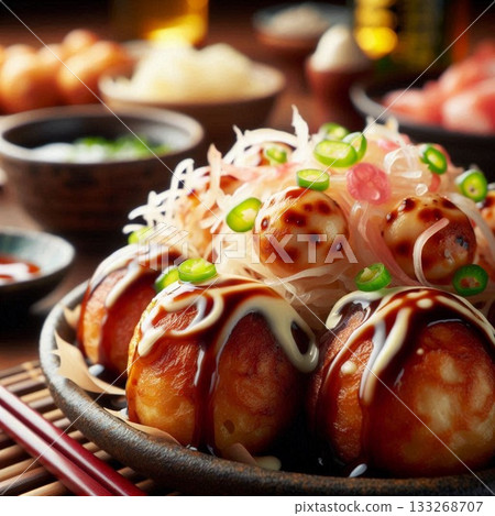 Photogenic food! Inside a takoyaki restaurant. Eating simple food at an izakaya. 133268707