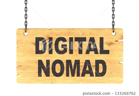 Digital Nomad wooden sign on chains. 3D rendering 133268762