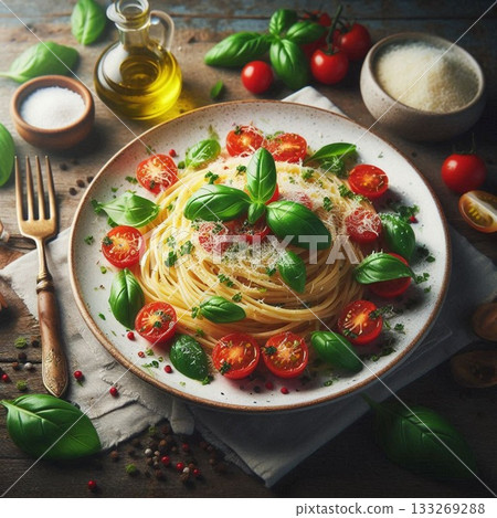 Photogenic food! Luxury pasta set. A bird's-eye view of Italian food! Restaurant cuisine. 133269288
