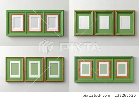 Home stylish. Mock up for modern interior and branding. Empty green photo frame for a collage of three photos in a minimalist style on a white background. Green stylish photo frame. 133269529