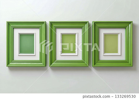 Modern stylish. Interior. Mock up for modern interior and branding. Empty green photo frame for a collage of three photos in a minimalist style on a white background. Green stylish photo frame. Modern stylish. Interior. Mock up for modern interior and branding. Empty green photo frame for a collage of three photos in a minimalist style on a white background. Green stylish photo frame. 133269530