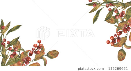 Frame with hand drawn botanical berries branch. watercolor leaves and red berries. Vintage watercolor style with soft earthy green and red palette. Template for branding card, design, arts Frame with hand drawn botanical berries branch. watercolor leaves and red berries. Vintage watercolor style with soft earthy green and red palette. Template for branding card, design, arts 133269631