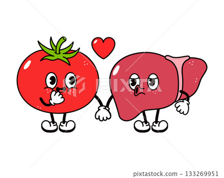 Tomato and liver characters holding hands, love concept Tomato and liver characters holding hands, love concept 133269951