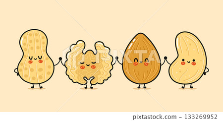 Cute cartoon nuts holding hands showing friendship 133269952