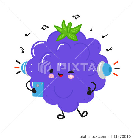 Blackberry fruit character listening music on smartphone 133270010