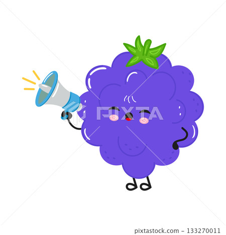 Cute blackberry fruit character announcing with megaphone Cute blackberry fruit character announcing with megaphone 133270011
