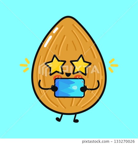 Kawaii almond character looking at a tablet screen 133270026