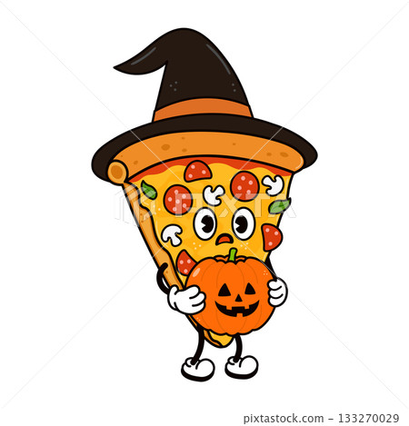 Pizza slice character wearing witch hat holding jack-o-lantern for Halloween 133270029