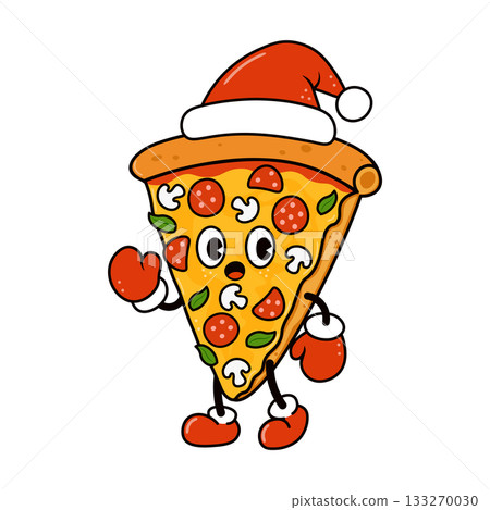 Pizza slice cartoon character celebrating Christmas holidays 133270030