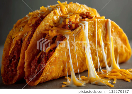 Melted cheese tacos with ground beef in crunchy golden shells on a dark background 133270187
