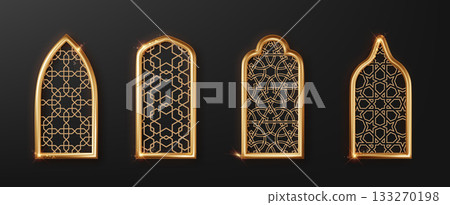 Arabic golden mosque arches isolated on black, ideal for Ramadan Kareem themes. Traditional Islamic window frames in gold, featuring Moroccan-inspired silhouettes. 133270198