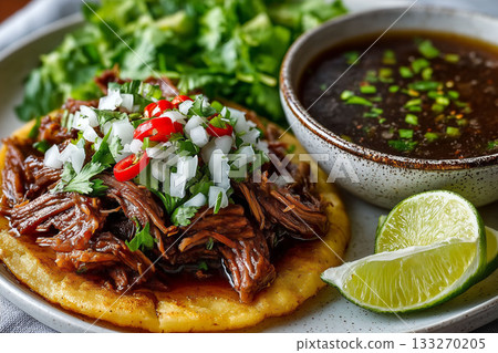 Traditional birria taco on a crispy tortilla topped with shredded beef, diced onions, red chili, fresh cilantro and served with rich consommé and lime wedges on the side 133270205