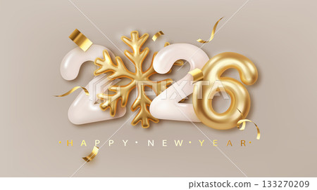 2026 Realistic 3d number with golden snowflake. Happy New Year and Merry Christmas 2025 luxury greeting card 133270209