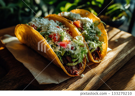 Two vibrant beef tacos filled with shredded meat, fresh lettuce, diced tomatoes, crumbled cheese, and cilantro, served in golden crispy taco shells on a wooden board 133270210