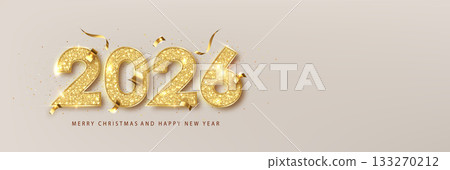 Happy New Year 2026 gold sparkling numbers on background with lights and shining falling confetti. Holiday winter banner, poster or greeting card template. 133270212