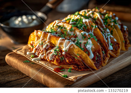 A row of juicy birria tacos filled with slow-cooked, shredded meat, topped with fresh chopped herbs and drizzled with creamy white sauce, served on a wooden board 133270219