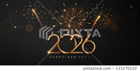 2026 Golden Number on Dark Christmas Background with Fireworks. Celebration New Year's Eve. Golden Fireworks on Dark Night Sky. 133270220