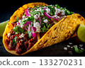 Close-up of a delicious birria taco filled with rich, stewed meat, topped with chopped onions, cilantro, pickled red onions, and crumbled cheese, all in a golden crispy tortilla 133270231