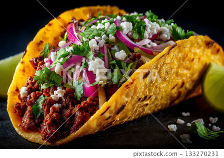 Close-up of a delicious birria taco filled with rich, stewed meat, topped with chopped onions, cilantro, pickled red onions, and crumbled cheese, all in a golden crispy tortilla Close-up of a delicious birria taco filled with rich, stewed meat, topped with chopped onions, cilantro, pickled red onions, and crumbled cheese, all in a golden crispy tortilla 133270231