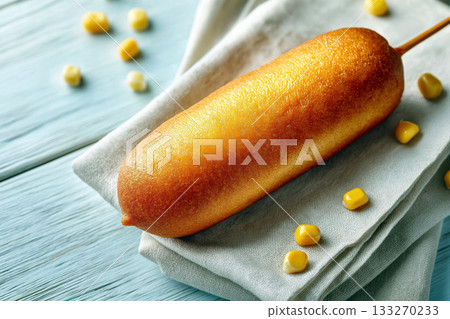 Classic golden-brown corndog on a stick served on a folded cloth napkin with scattered corn kernels on a blue wooden surface Classic golden-brown corndog on a stick served on a folded cloth napkin with scattered corn kernels on a blue wooden surface 133270233