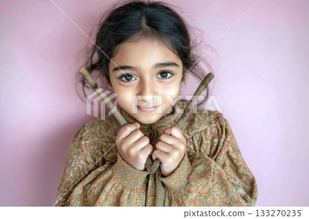 Adorable young girl in a patterned dress holding two wooden sticks against a soft pink background with a gentle smile Adorable young girl in a patterned dress holding two wooden sticks against a soft pink background with a gentle smile 133270235