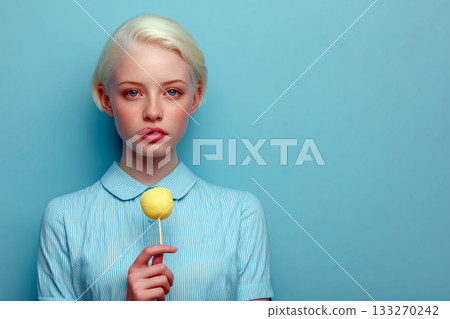 Young woman with platinum blonde hair in a striped blue dress holding a yellow cake pop against a turquoise background 133270242