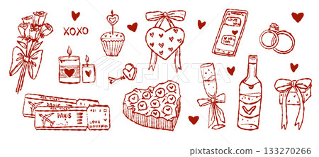 Whimsical Valentine doodle set. perfect for greeting cards, romantic design, or party invitations 133270266