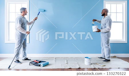 Two men painting a light blue wall in a room with windows image 133270322