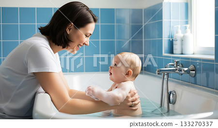 Mother bathing happy baby in bathtub with blue tiles bath time Mother bathing happy baby in bathtub with blue tiles bath time 133270337