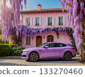 Against the background of a large gray house with Christmas trees and cars, a small lilac house with pink light in the windows and keys on a stand with a pink glow 133270460