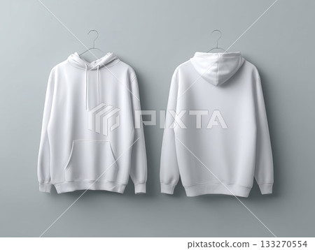 White sweatshirt hoodie displayed front and back on a gray background, suitable for creative prints and casual wear branding with a sleek finish. 133270554