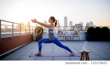 Woman practicing yoga warrior pose on rooftop with city skyline at sunset image Woman practicing yoga warrior pose on rooftop with city skyline at sunset image 133270651