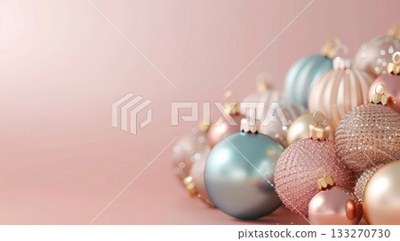 A pink and blue Christmas balls sits on a pink background. Place for text. The pink background is a soft, pastel color that creates a warm and inviting Christmas atmosphere. A pink and blue Christmas balls sits on a pink background. Place for text. The pink background is a soft, pastel color that creates a warm and inviting Christmas atmosphere. 133270730
